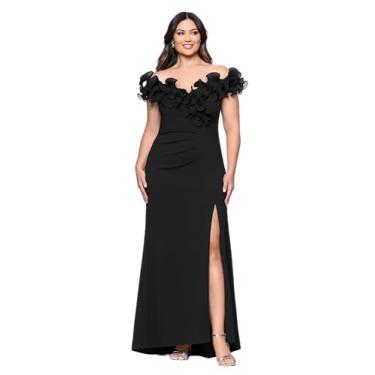 Imagem de Xscape Vestido feminino de crepe com ombros de fora, manga curta, babados, comprimento até o chão (Plus), Preto, 54