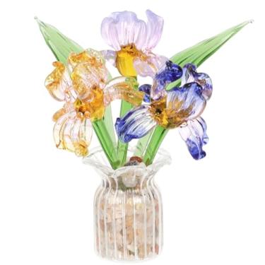 Imagem de Lovmeety Mini flores de vidro com vaso, decoração de flores de cristal feitas à mão, arranjos de flores de íris, buquê de flores de vidro para casa, escritório, prateleira, mesa, centro de mesa