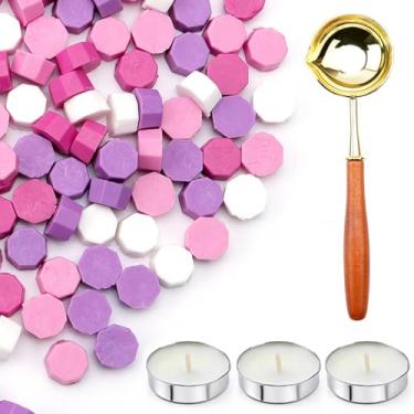 Imagem de Conjunto de 200 peças de contas de lacre de cera com colher de derretimento antiderrapante e velas, uma profusão de cores, grânulos de cera, ótimo para selos, convites de casamento, presente de Natal