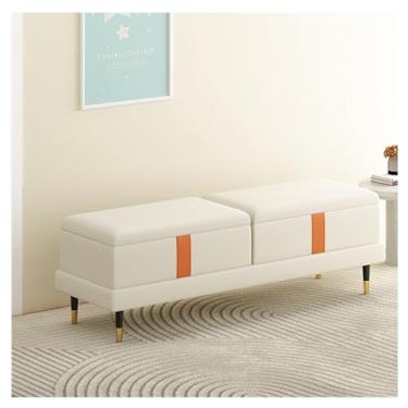 Imagem de Banco de armazenamento moderno - Otomano para quarto, extremidade da cama, banco moderno de couro sintético bancos de quarto para o pé da cama, banco estofado com pernas douradas decorativo (bege, 120