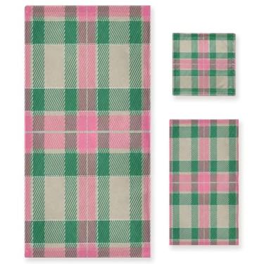 Imagem de xigua Conjunto de toalhas de banheiro padrão xadrez absorvente macio 3 peças toalha de banho toalha de mão toalhas decorativas para banheiro, academia, hotel, praia, piscina