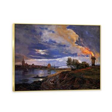 Imagem de NHLDZYH Moldura dourada. Reprodução de arte famosa de J.C. Dahl, arte em tela de paisagem romântica nórdica, decoração de parede elegante para sala de estar, escritório, pronto para pendurar. (moinho