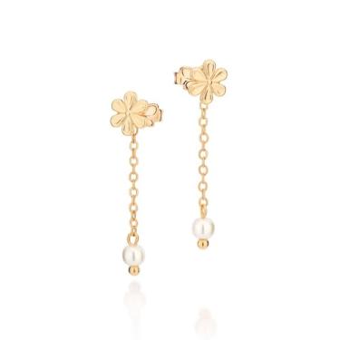 Imagem de Brinco Rommanel Base Flor Com Corrente E Pérolas Banhado A Ouro 18k - 527540