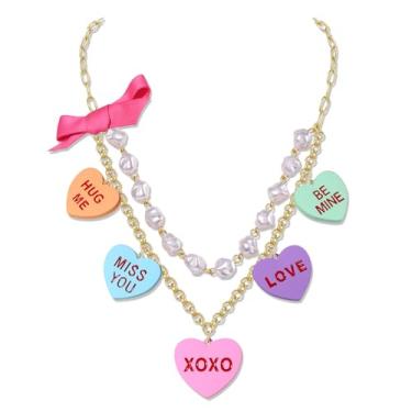 Imagem de Colar de coração de dia dos namorados colorido para conversação de doces, coração, letra de amor, pérolas, colar com pingente de laço rosa, joia para mulheres, namorada, esposa, dia dos namorados