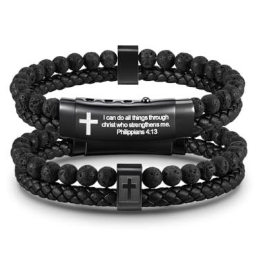 Imagem de FLHEART Pulseira masculina de couro preto com cruz cristã, pulseira cruzada de couro trançado de duas fileiras versículo bíblico ágata ônix com contas, JOSHUA 1:9, Aço inoxidável, Sem Pedra Preciosa