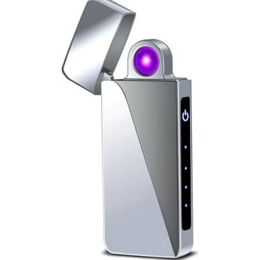Imagem de Isqueiro de plasma de arco giratório - Isqueiro elétrico recarregável por USB com tela de LED, design de bolso para acampamento, velas, ao ar livre (prata)