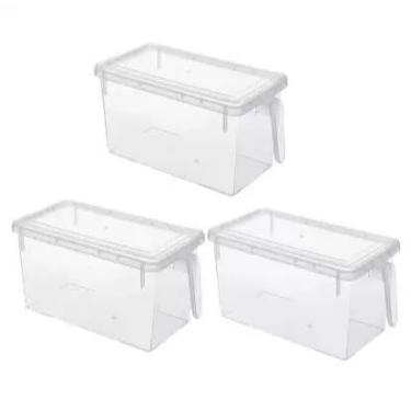 Imagem de Organizador de Geladeira Despensa Empilhável com Alça de Plástico Transparente – Armazenamento de Alimentos, Frutas, Legumes, e Bebidas – Caixa com Tamp, (Transparente 3 peças)