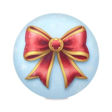 Imagem de STAYTOP Jogo americano redondo com laço vermelho com contorno dourado, 6 peças, tapetes de mesa antiderrapantes fáceis de limpar para decoração de mesa de festa e churrasco em casa