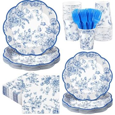 Imagem de Kochorie 144 peças de pratos e guardanapos de papel floral azul, conjunto de utensílios de mesa de flores azuis e brancas inclui pratos recortados vintage, guardanapos, copos, garfos para casamento