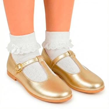 Imagem de Kit Sapatilha Feminina Vintage com Fivela e Meia Social Branca com Renda e Laço Cetim (Dourada, BR, Criança de 9 a 12 anos, Numérico, 33)