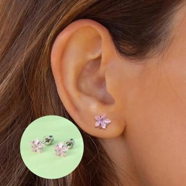 Imagem de Brincos femininos de aço inoxidável cirúrgico AB rosa estrela zircônia cúbica parafuso atrás brincos para orelhas sensíveis brincos fofos ouro prata, standard, Aço inoxidável, Sem pedra preciosa