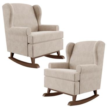 Imagem de Kit 02 Poltronas De Amamentação Com Balanço Malu Base De Madeira P02 Suede Bege - Lyam Decor