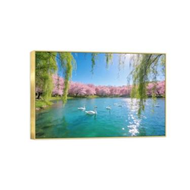 Imagem de Impressão em tela de paisagem pronta para pendurar - árvore rosa lago animais - pintura de arte de parede - decoração de casa moderna imagem moldura dourada 50 x 75 cm 20 x 30 pol