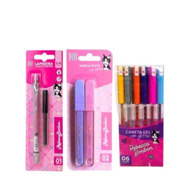 Imagem de Kit Rebcca Bonbon Escolar Papelaria C/ 2 Marca-Textos 6 Canetas Em Gel