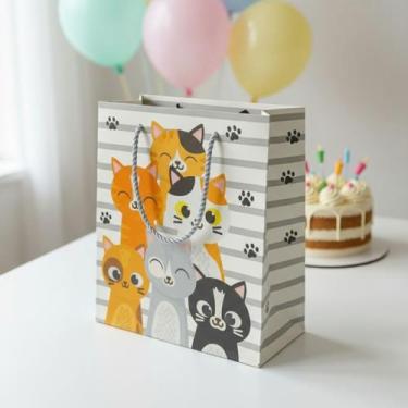 Imagem de Sacolas De Presente Infantil Festa Dos Gatinhos Papel Rígido Alta Defi