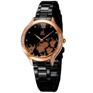 Imagem de Relógio Feminino Moda Casual Design Elegante Flores Pulseira em Aço In