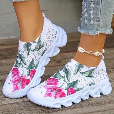 Imagem de Tênis Femininos Florais Com Plataforma, Malha Respirável, Confortáveis
