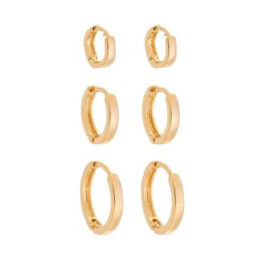 Imagem de Kit 3 Brincos Feminino Banhado Ouro Trio Argolas Finas Lisas - Mahná