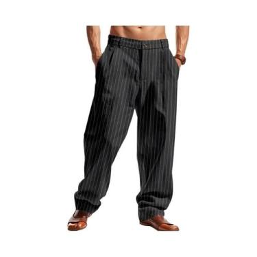 Imagem de Calças Casuais De Linho Para Homens, Finas, Listradas, Com Zíper, Cort