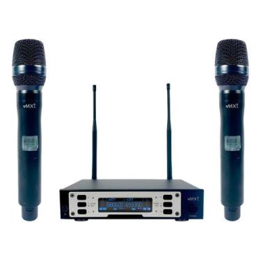 Imagem de Microfone Duplo de Mão Sem Fio UHF 100 Canais Alcance 100 Metros Base 
