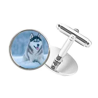 Imagem de DIYthinker Abotoaduras com clipe de botão redondo com imagem Husky Dog Animal Snow