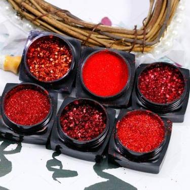 Imagem de Nail Art Lantejoulas com glitter 2021 6 caixas de pó de cristal vermelho para unhas em pó holográfico 3D para decoração de unhas brilhante pigmento de brilho para unhas