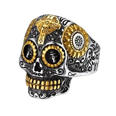 Imagem de GoldChic Jewelry Colar de caveira de açúcar/anéis para homens e mulheres, colar de motociclista masculino em dois tons de aço inoxidável, joias de dia dos mortos para a morte, caixa
