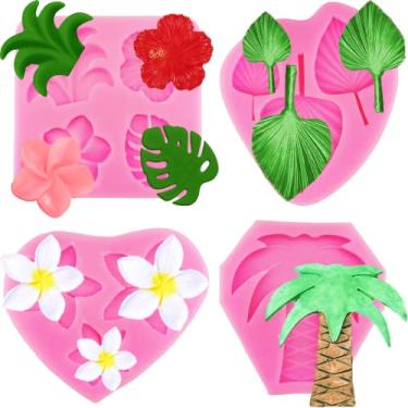 Imagem de 4 peças de flores tropicais molde de folhas de leque molde de fondant de folha de hibisco flor monstera folha de palmeira flor de plumeria moldes de silicone para diy chocolate doce cupcake topo de bolo decoração de festa havaiana