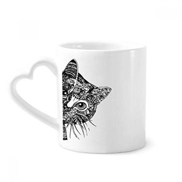 Imagem de Desenho de linha cabeça de gato preta caneca animal café cerâmica copo de coração de vidro