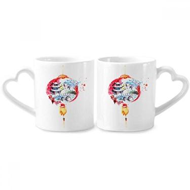 Imagem de Conjunto de canecas de porcelana para casais, desenho de ponte, lanterna chinesa, coração