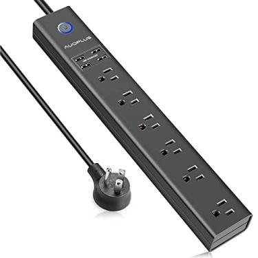 Imagem de Protetor contra surtos de 15 m, 6 tomadas e 4 portas USB, cabo de extensão longo com proteção contra sobrecarga, suporte de parede para casa, escritório, dormitório, listado na ETL, preto