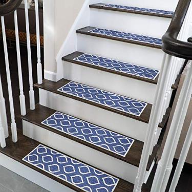 Imagem de SussexHome Degraus de escada Drop Design de 22,8 cm x 71,1 cm – 70% algodão antiderrapante para escadas internas – Fácil de instalar com fita adesiva dupla, aderência extra, pacote com 4 - azul-marinho