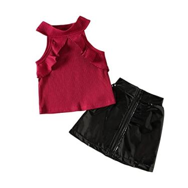 Imagem de Camisetas infantis infantis para bebês meninas sem mangas com babados canelados, saias de couro PU, 2 peças, roupas para meninas vestido roxo (vinho, 4-5 anos)