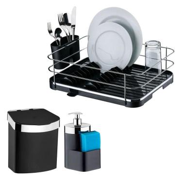 Imagem de Kit Escorredor De Louça Talheres Lixeira 2,5L Dispenser Porta Detergente Cozinha Preto Cromado - Future