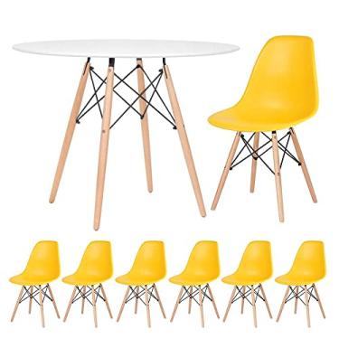 Imagem de Loft7, Kit - Mesa redonda Eames 100 cm branco + 6 cadeiras Eiffel Dsw Amarelo