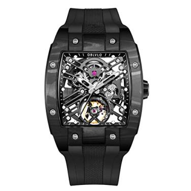 Imagem de OBLVLO Marca de luxo Relógio masculino esportivo Quadrado Tonneau Esqueleto Aço Fibra de carbono Relógio mecânico automático Pulseira de borracha Relógios EM-ST (EM-ST-BBBB)
