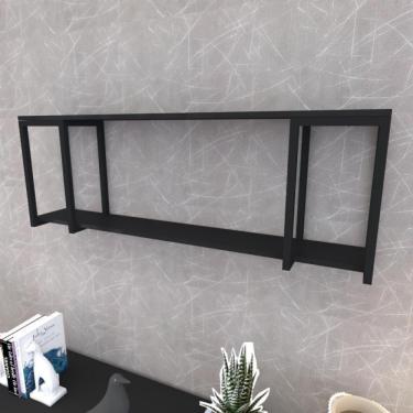 Imagem de Prateleira Industrial Suspensa Estante Parede Nicho Preto Ferro E Madeira Suporte Pratileira