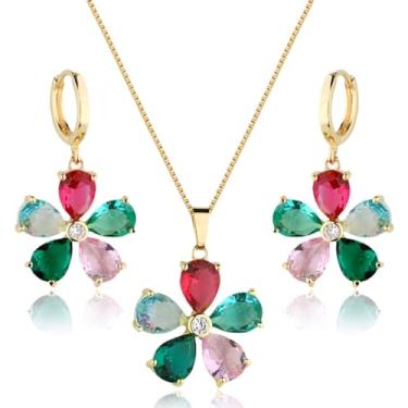Imagem de Conjunto Brinco e Colar Flor Cravejado Pedra Zircônias Coloridas Rainbow Banhado a ouro 18k Banho paládio Antialérgico Semijoia Festa Madrinha Casamento Noivado Aniversário Balada