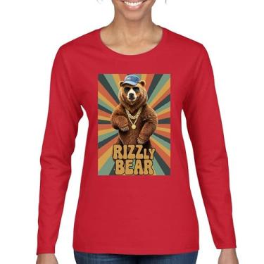 Imagem de Rizzly Bear Camiseta feminina engraçada manga longa Charisma Trocadilho charmoso meme Grizzly Flirting Smooth Talker Namoro Confiança, Vermelho, P