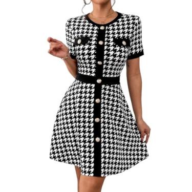 Imagem de Camisa Feminina Houndstooth Print Button Front Dress (Color : Black and White, Size : CH)