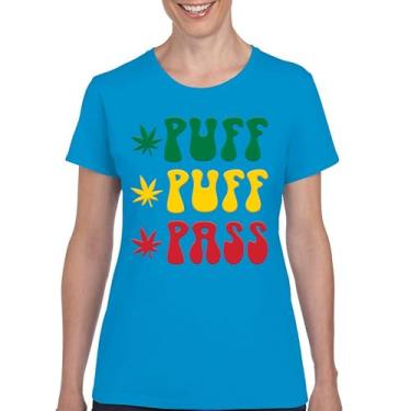Imagem de Camiseta Puff Puff Pass 420 Weed Lover Pot Leaf Smoking Marijuana Legalize Cannabis Funny High Pothead Camiseta feminina, Azul claro, P