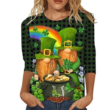 Imagem de Camiseta feminina com estampa de bandeira irlandesa de São Patrício túnica verde casual manga 3/4, Verde, P