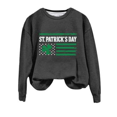Imagem de Camisetas femininas com estampa de bandeira irlandesa verde de manga comprida Dia de São Patrício Lucky Mama, Cinza, XXG