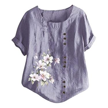 Imagem de Blusa feminina de linho de verão, estampa floral, caimento solto, túnica de manga curta, gola redonda, roupas casuais de férias, B - roxo, XG