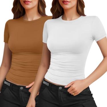 Imagem de YOGINGO Pacote com 2 camisetas femininas básicas de manga curta gola redonda slim fit 2024 verão Y2k camisetas curtas, Branco/marrom, G