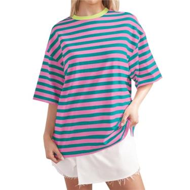 Imagem de Camisetas femininas grandes listradas de manga curta Color Block gola redonda básica casual verão, Rosa, azul-petróleo, G