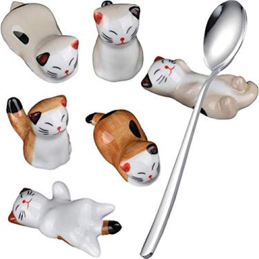 Imagem de Conjunto de 6 adoráveis descansos de facas de porcelana para gatos da sorte, conjunto de descanso de pauzinhos de cerâmica (conjunto de gato sortudo + colher)