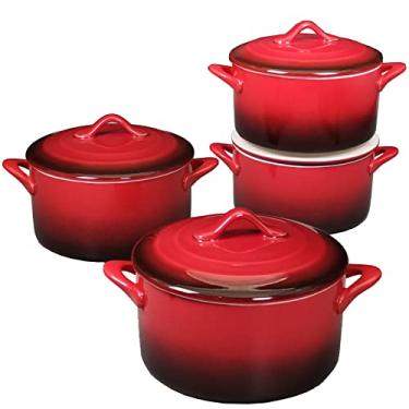 Imagem de JINSONGDAFA Conjunto de mini cocotte de cerâmica, caçarola pequena de 500 g com tampas e alças, ramequins individuais para assar, forno, micro-ondas e lava-louças (esmalte vermelho gradiente externo