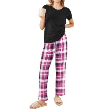 Imagem de Ekouaer Conjunto de pijama feminino, 2 peças, macio, manga curta, pijama feminino, Xadrez roxo-branco, XXG