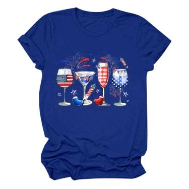 Imagem de Camisetas femininas patrióticas do Dia da Independência, túnica com bandeira americana, 4 de julho, camiseta com estampa engraçada de taça de vinho, Azul, G